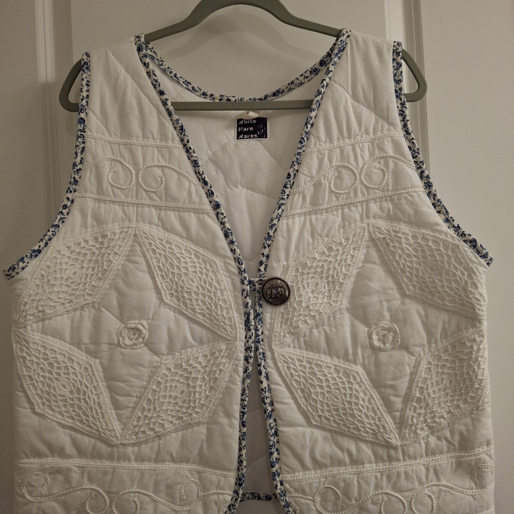 White Embroidered Vest with Floral Trim